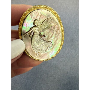 Vintage Abalone Shell Guardian Angel Gold Tone Oval Brooch/Pendant